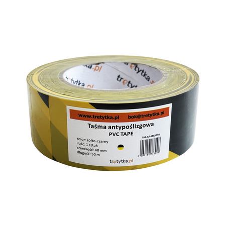 Taśma sygnalizacyjna samoprzylepna z PVC, 48 mm x 50 m, żółto-czarna - Trafiki